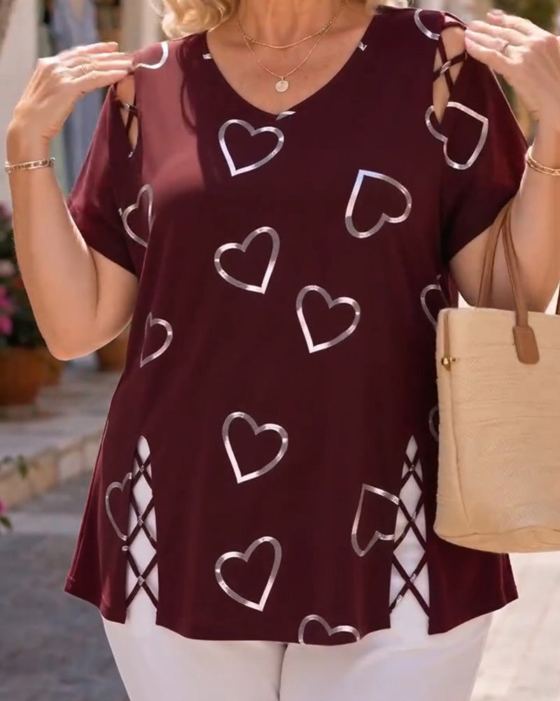 Heart Pattern Hollow Short-Sleeved T-Shirt