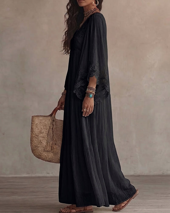 V-Neck Lace Patchwork Solid Color Dress