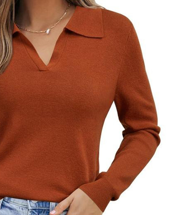 Lapel V-Neck Solid Fitted Top