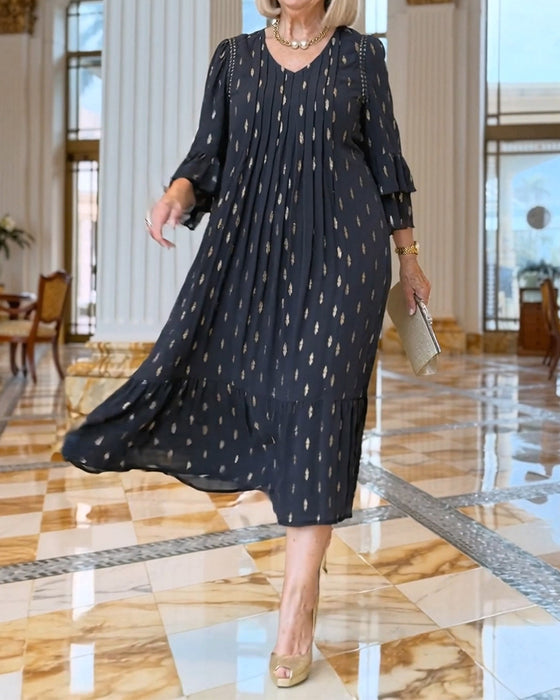 Lantern Sleeve V-Neck Print Dress