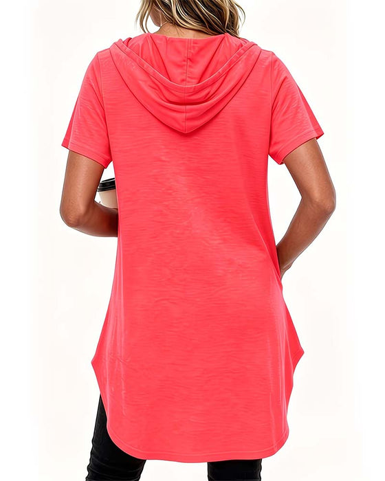 Irregular Side Pocket Drawstring Hooded T-Shirt