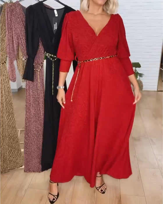 Stylish Solid Color V-Neck Dress