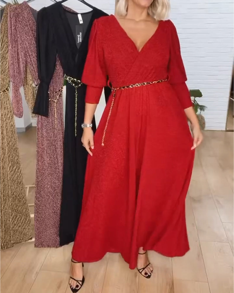 Stylish Solid Color V-Neck Dress