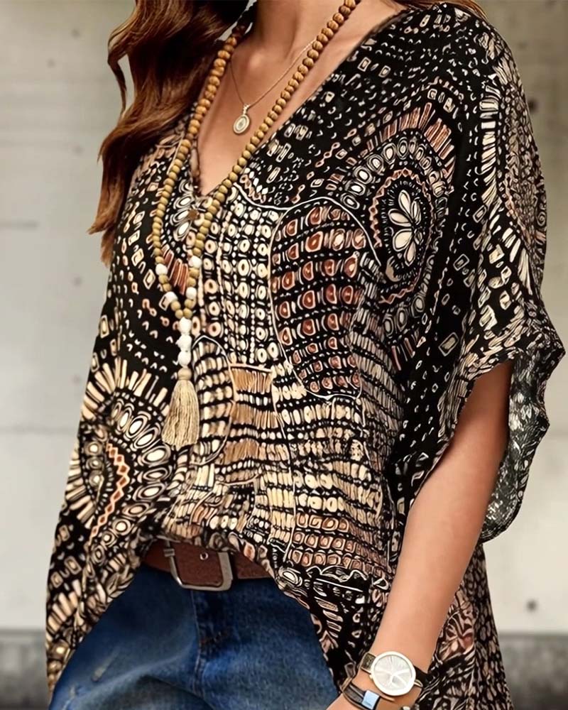 V-Neck Printed Batwing Blouse