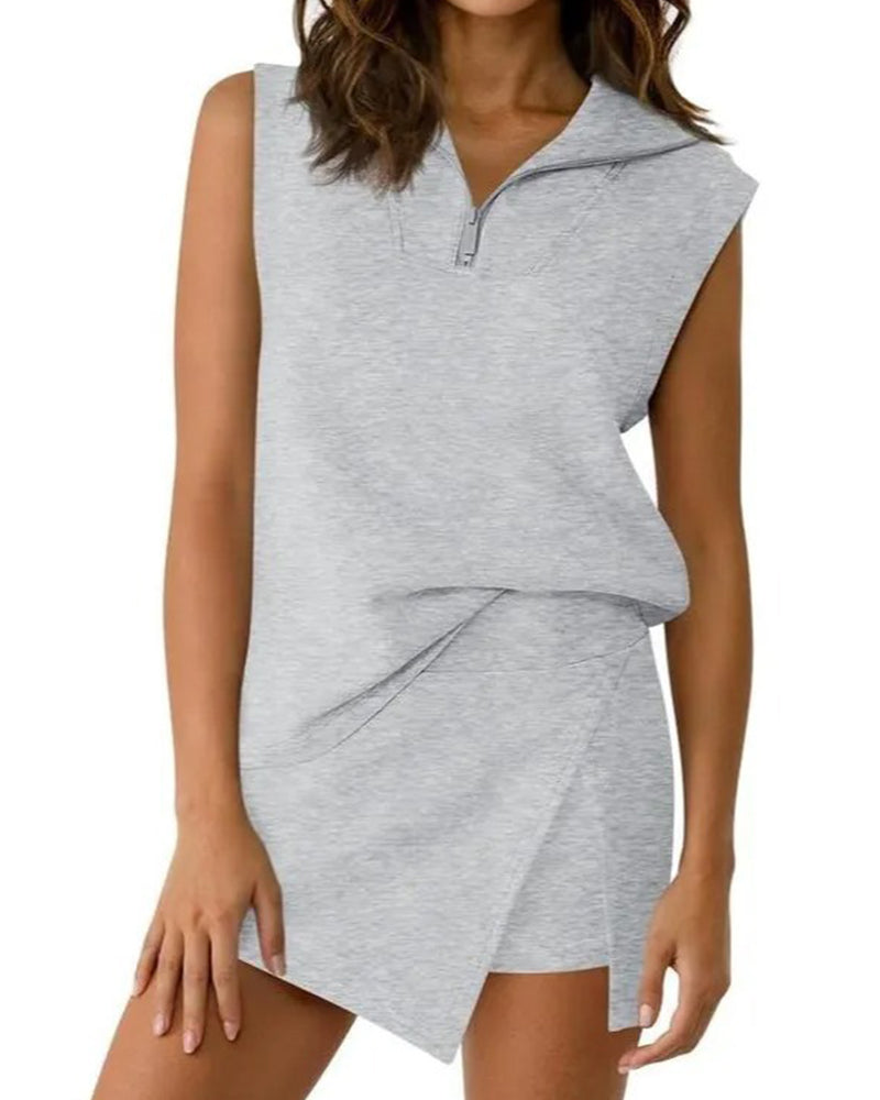 Zipper Sleeveless Top Skort Two-Piece Set