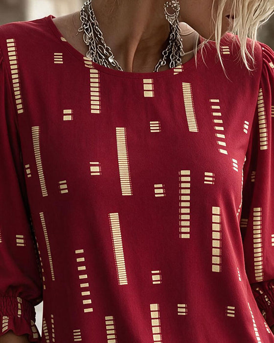 Geometric Print Three-Quarter Puff Sleeve Top
