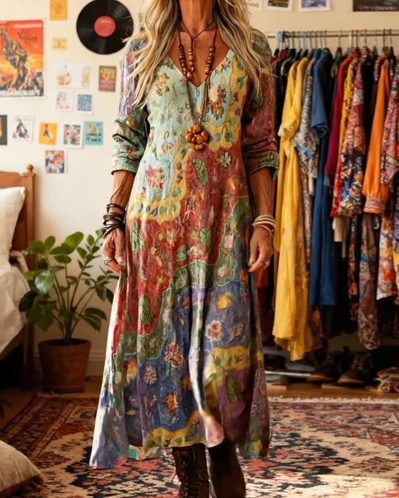 Oil Painting-Style V-Neck Dress