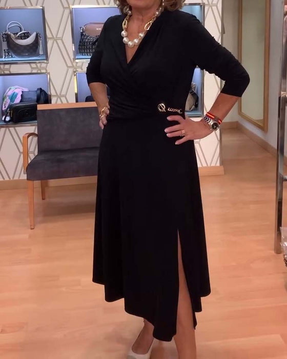 V-Neck Fitted Waist Slit Dress