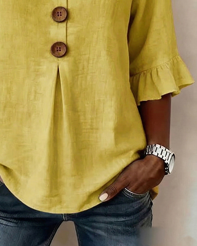 Solid-Color Cotton-Linen Wooden Buttons Ruffles Blouses