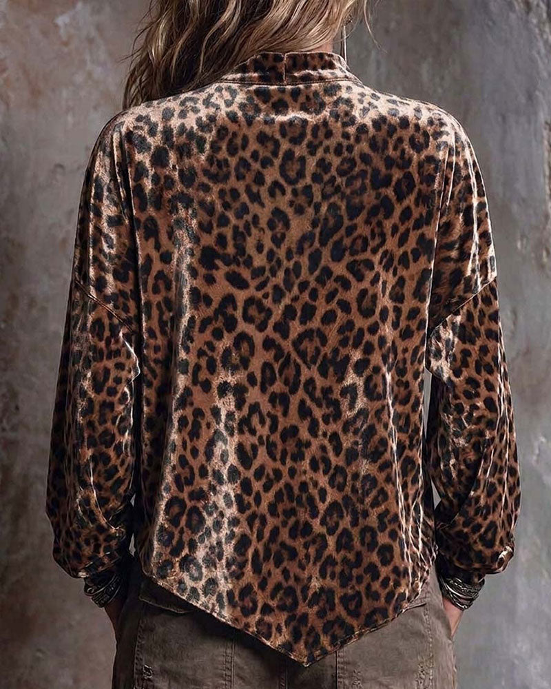 V-Neck Leopard Irregular Blouse