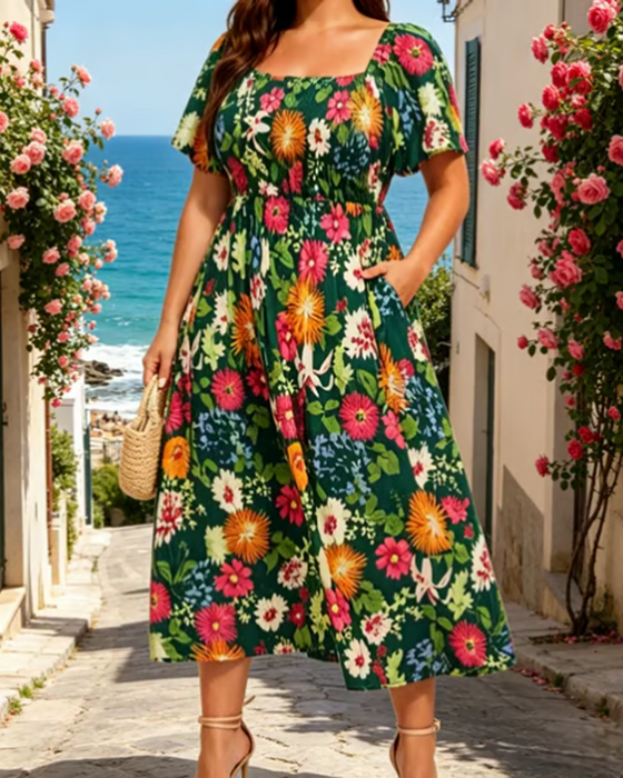 Square Neck Large Floral Midi Dress