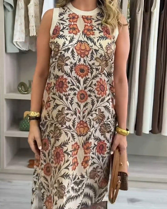 Round Neck Sleeveless Floral Slit Dress