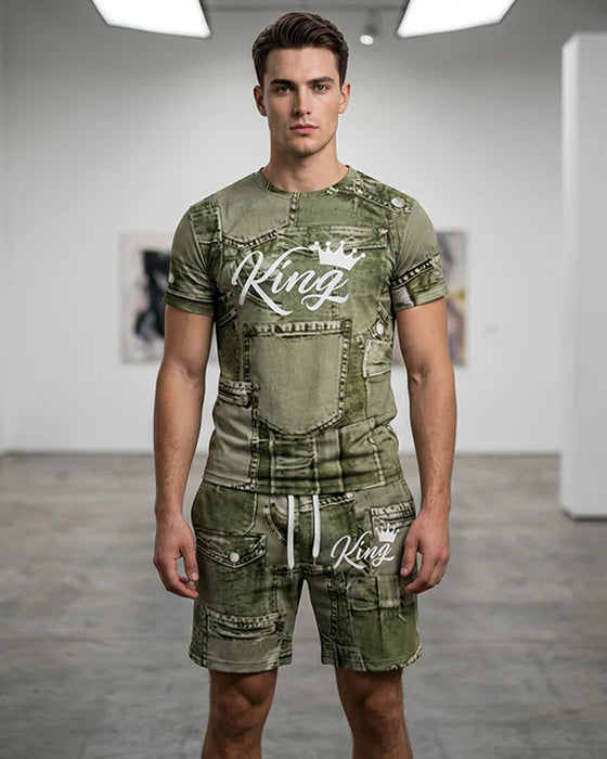 Men's Round Neck Monogram T-Shirt Drawstring Shorts Set