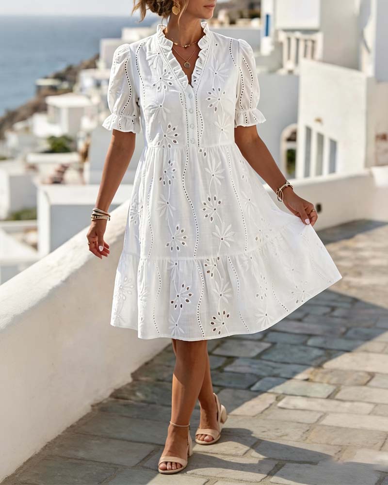 V-Neck Ruffled Puff Short-Sleeved Dress