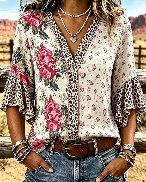 V-Neck Leopard Print Floral Patchwork Ruffle Blouse