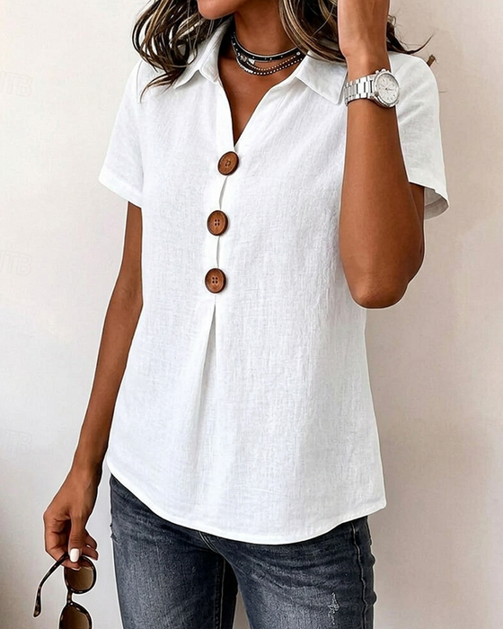 Lapel Three-Button Short Sleeve Blouse