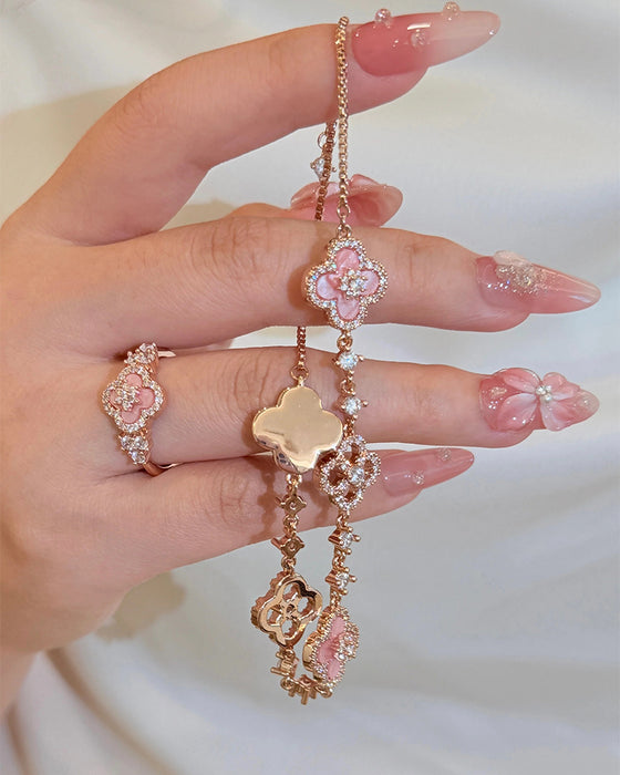 Pink Shell Four-Leaf Clover Ring & Bracelet