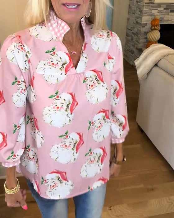Santa Claus Print V-Neck Shirt