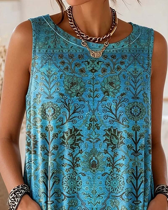 Crew Neck Print Side Pocket Tank Top
