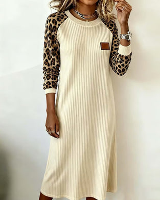 Casual Long-Sleeved Leopard Print Patchwork Dress