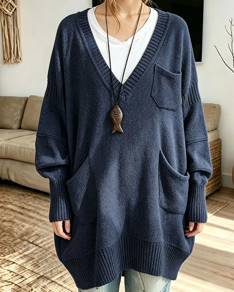 V-Neck Pocket Long Pullover