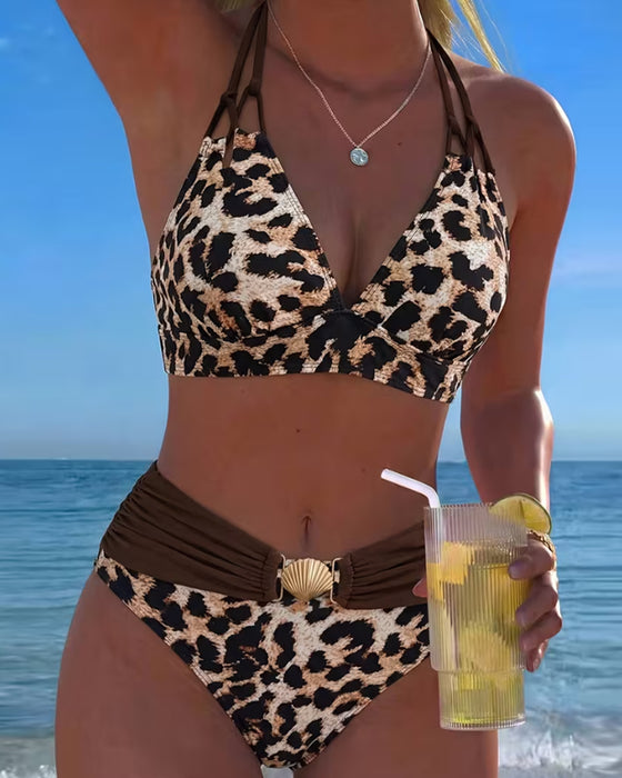 V-Neck Leopard Print Bikini
