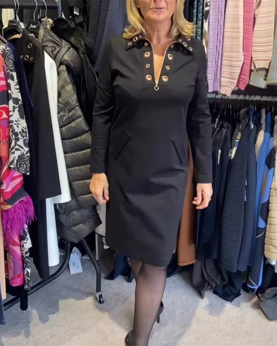 Zippered lapel long-sleeved dress