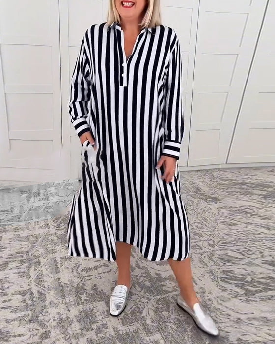 Lapel Striped Pocket Dress
