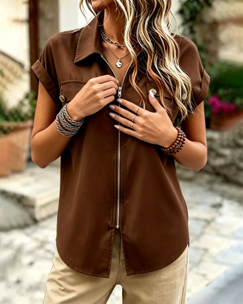 Zipper Lapel Short Sleeve Blouse