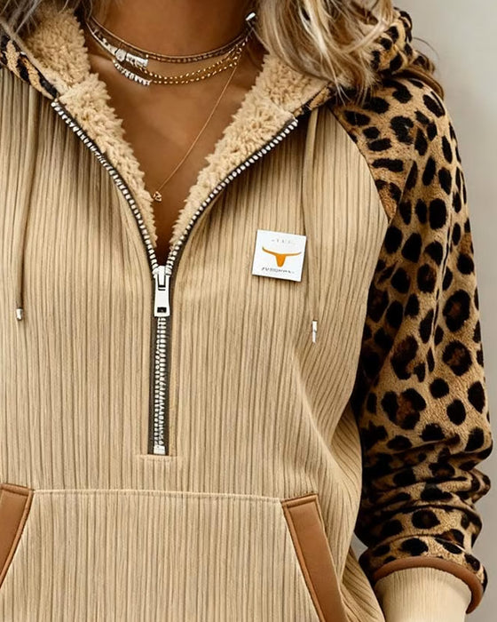 Leopard Print Fleece-Lined Hoodie
