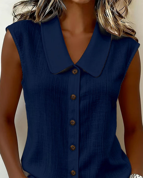 Sleeveless Lapel Linen-Cotton Shirt