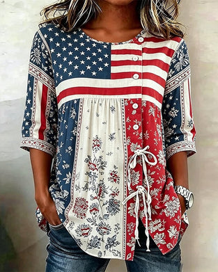 Flag Patchwork Print Lace-Up Blouse