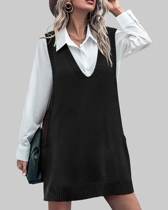 V-Neck Sleeveless Pullover Sweater Dress