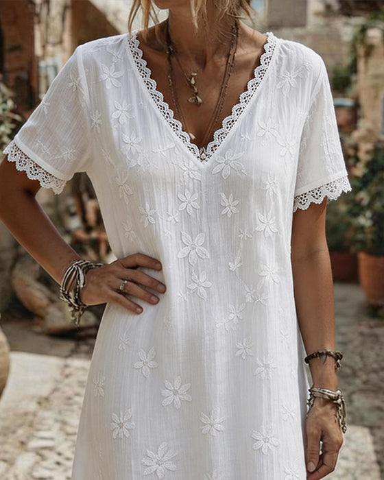 V Neck Lace Trim Daisy Dress