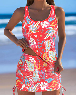 Sleeveless Floral Print Skirt Tankini