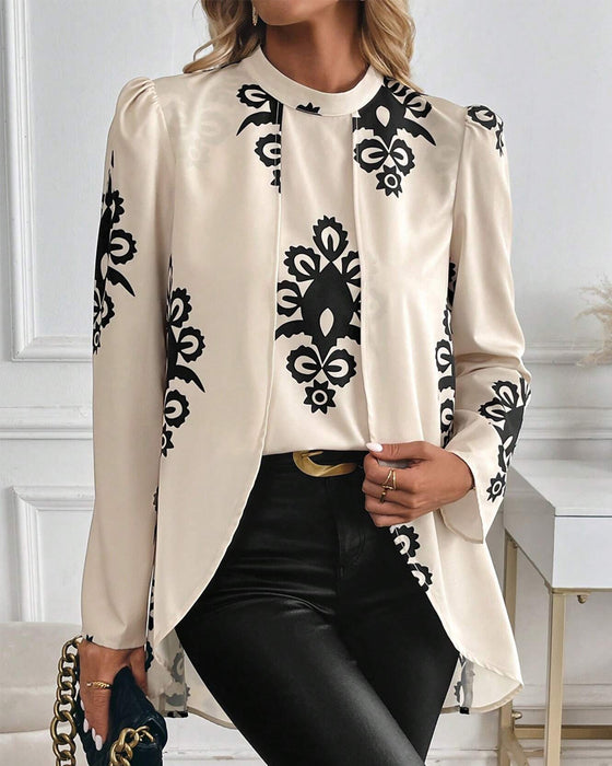 Puff Sleeve Irregular Print Blouse