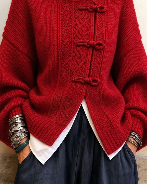 Vintage Knot Button Turtleneck Fashion Pullover