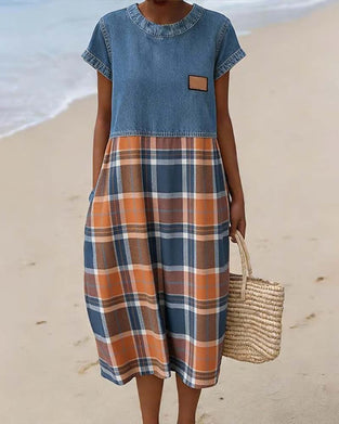 Denim Patchwork Plaid Casual Dress