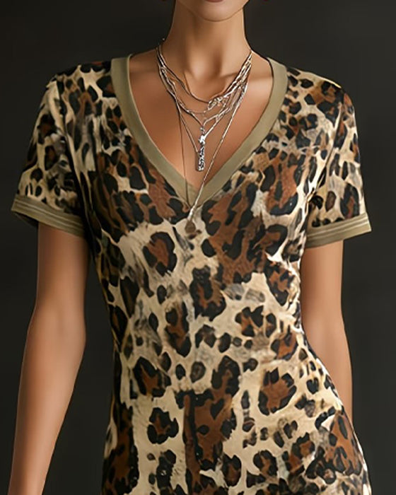 Leopard Print Patchwork V-Neck Fitted Dress