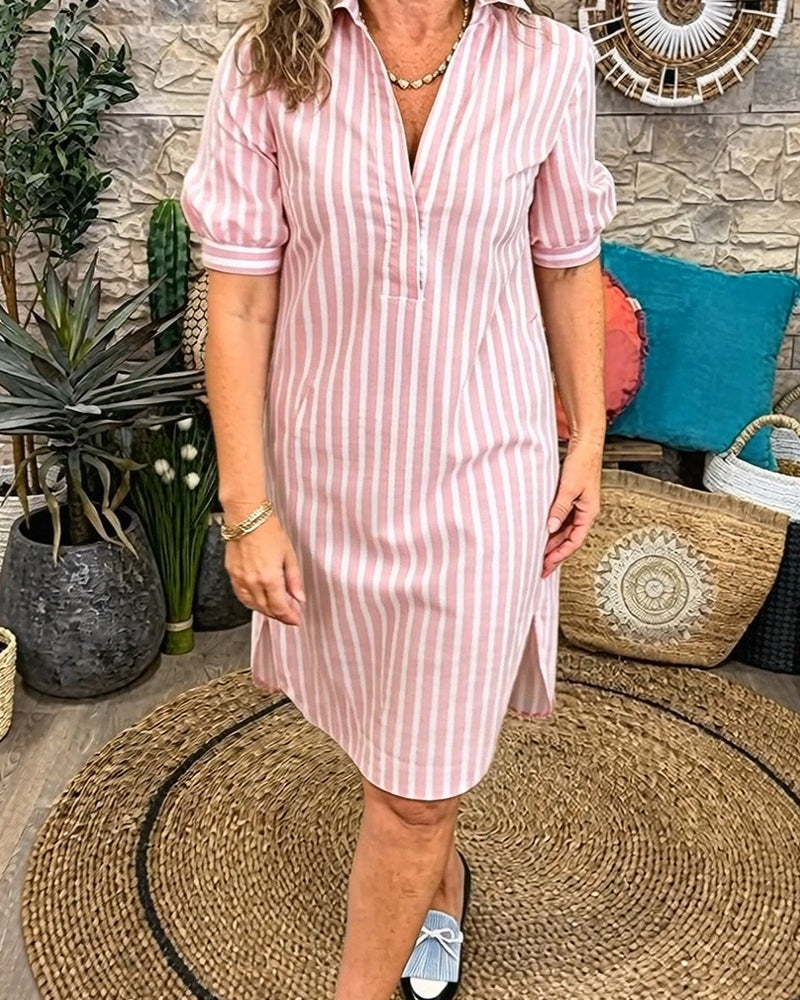 Lapel Stripe Slit Dress