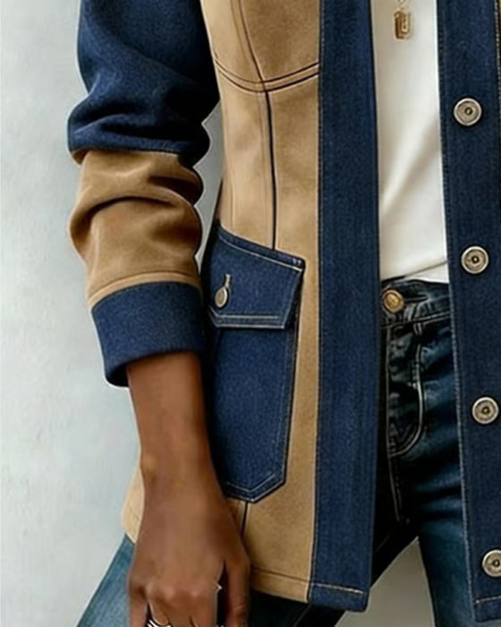 Hooded Zipper Pocket Denim Panel Coat