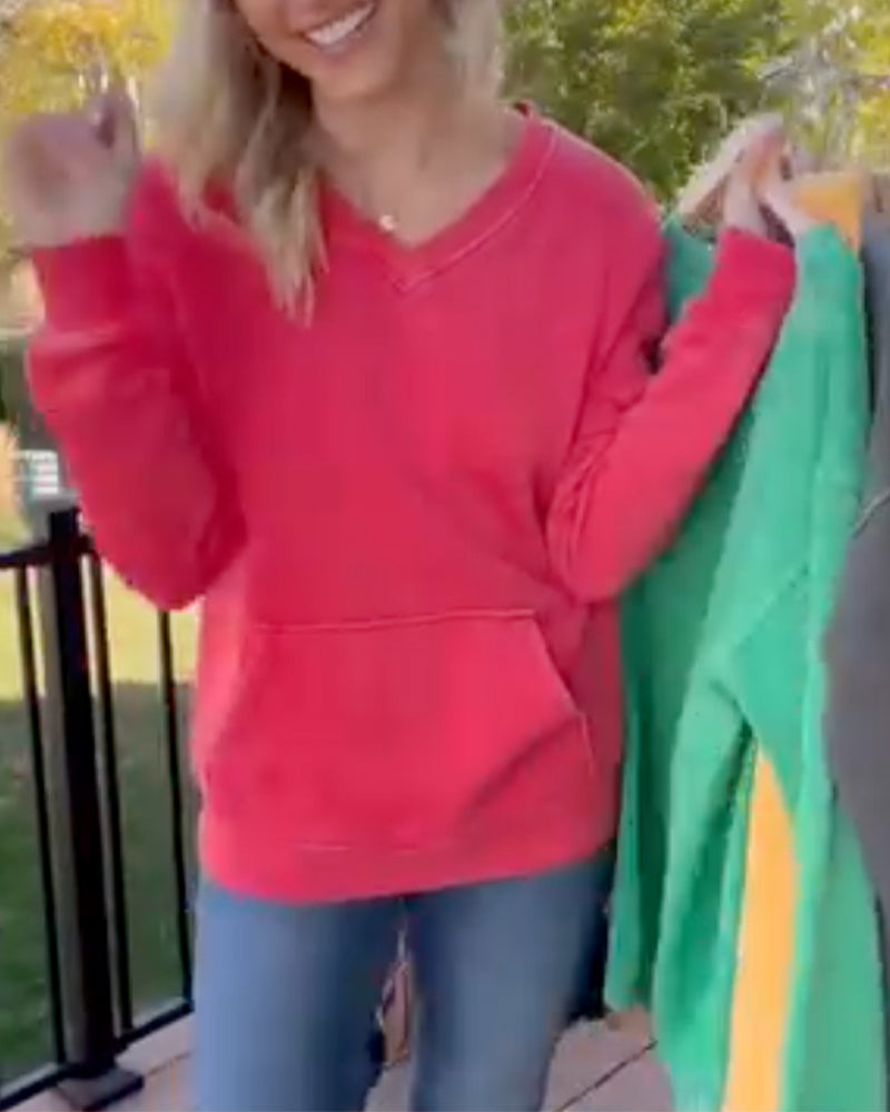 V-Neck Pocket Drop-Shoulder Solid Sweatshirt