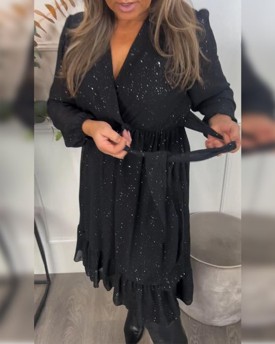 V-Neck Tie-Waist Shimmer Dress