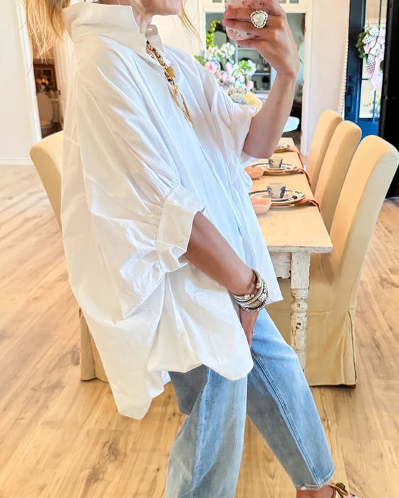 Loose-Fit Drop-Shoulder White Long-Sleeve Blouse