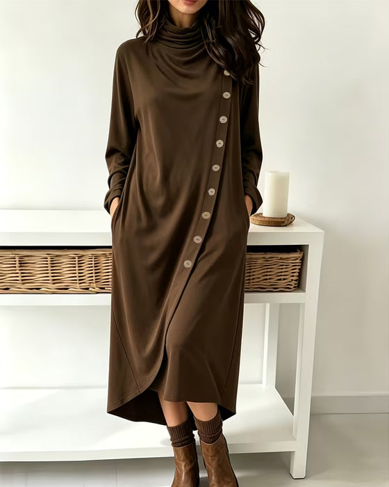 Cowl Neck Button Crossover Irregular Dress