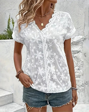 V-neck solid color lace temperament blouse
