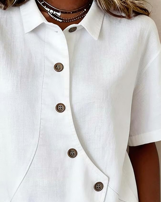 Asymmetrical Cotton Linen Placket Button-Down Shirt