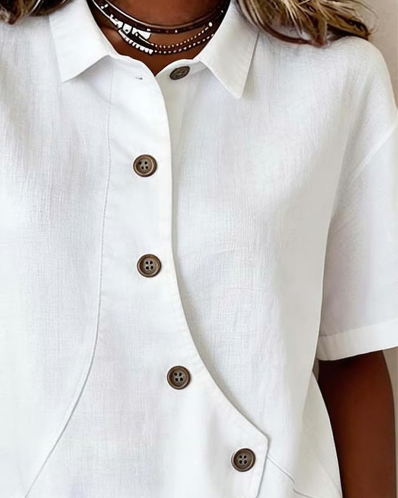 Asymmetrical Cotton Linen Placket Button-Down Shirt