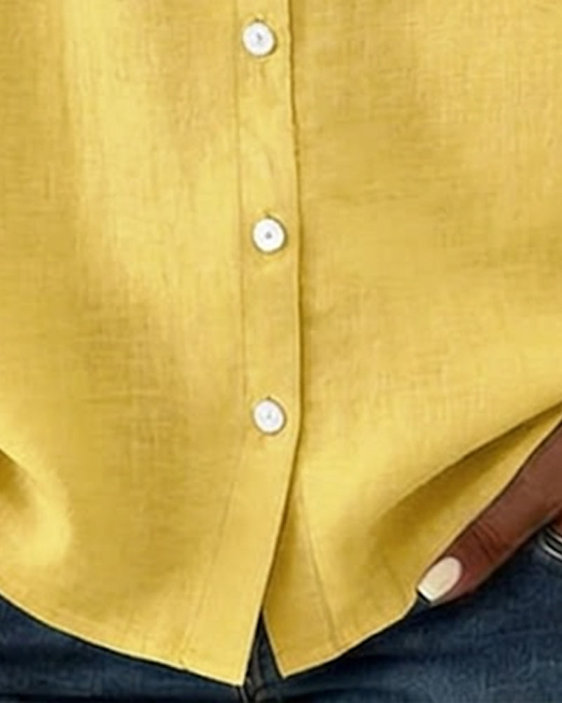 Peter Pan Collar Cotton Linen Ruffled Button-Front Shirt