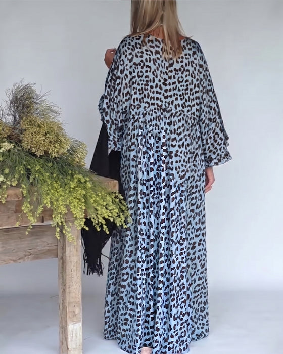 V-Neck Leopard Print Loose Fit Casual Dress